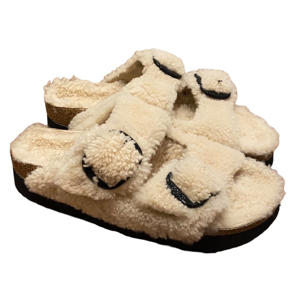 Birkenstock Arizona Big Buckle Teddy Eggshell Lambskin Lining Womens Size 40 NIB